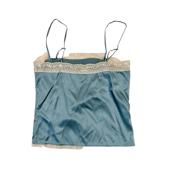 Moda Silk Top. Green With Beige Lace Trim, Spaghetti Straps, Fitted, Side Zip. S - Picture 3 of 6